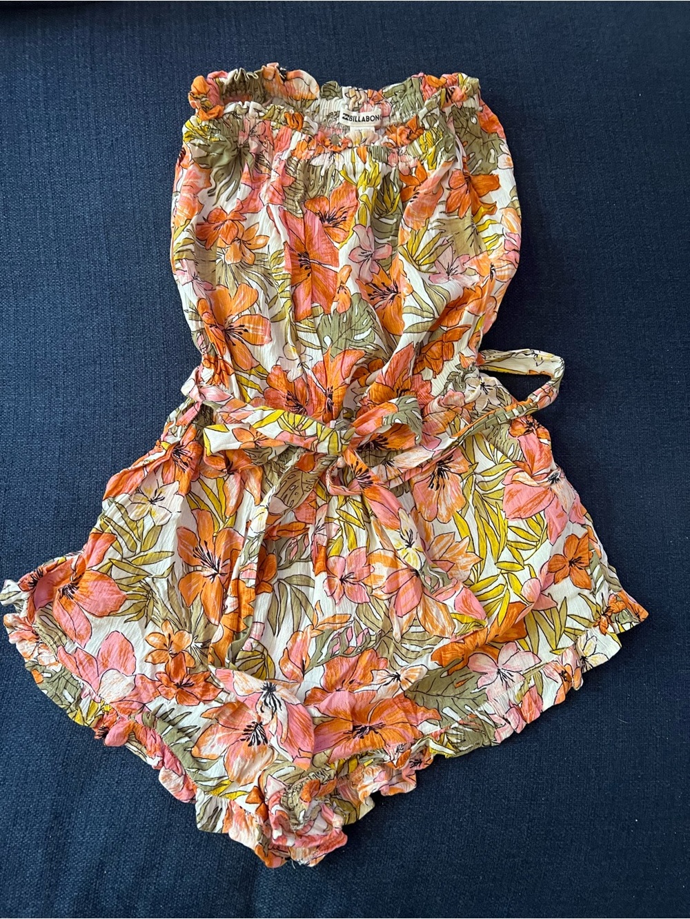 Billabong Floral Tie-Waist Romper in Coral, Pink & Olive